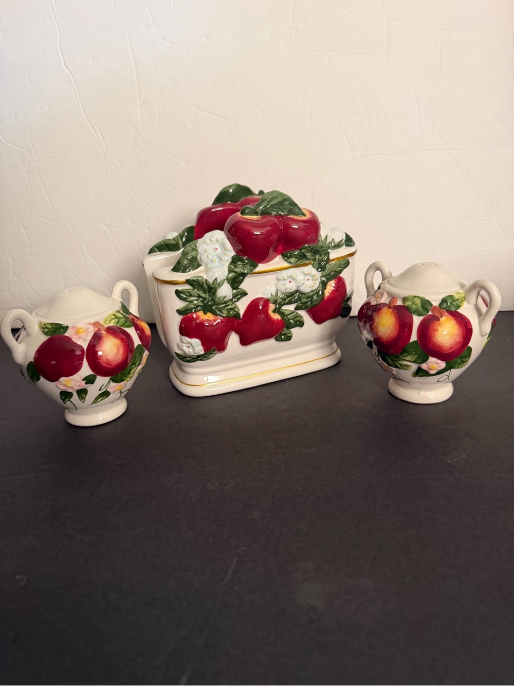 Ceramic Apple Design Set of 3 Napkin Holder, Salt & Pepper Shaker